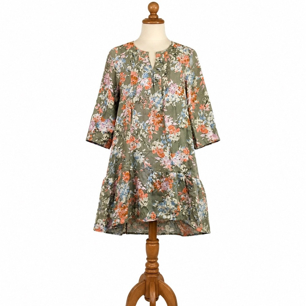 J. Jill Love Linen Floral Tiered Tunic Dress Green Coral Petite S 100% Linen